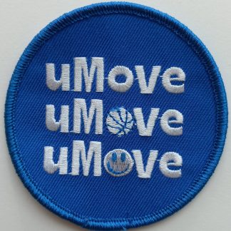 Haalarimerkki / Embroidered cloth badge (blue, uMove) (PR0434)